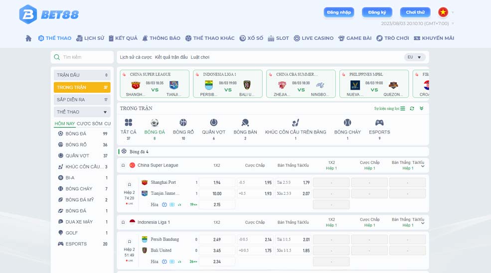 Thể thao cá cược Bet88 với các trận đấu sôi nổi, hấp dẫn